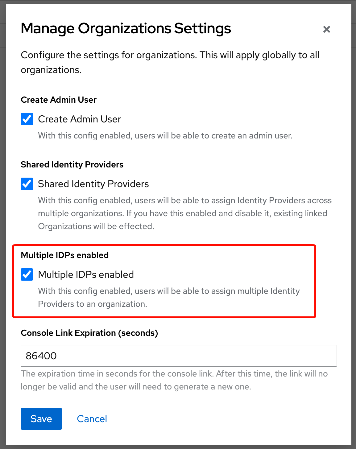 Organizations Multiple IdPs enabled